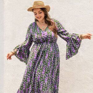 Plus Size Printed V-Neck Long Sleeve Maxi Dress